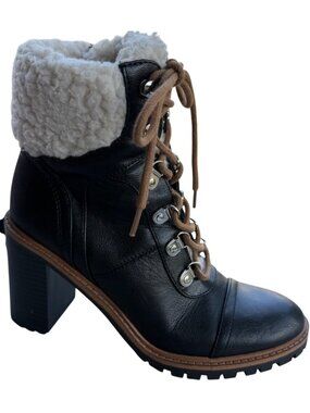 Nine West Black Leather Finish Lace Up Ankle Boots Faux Fur Cuff Women Size 6.5M